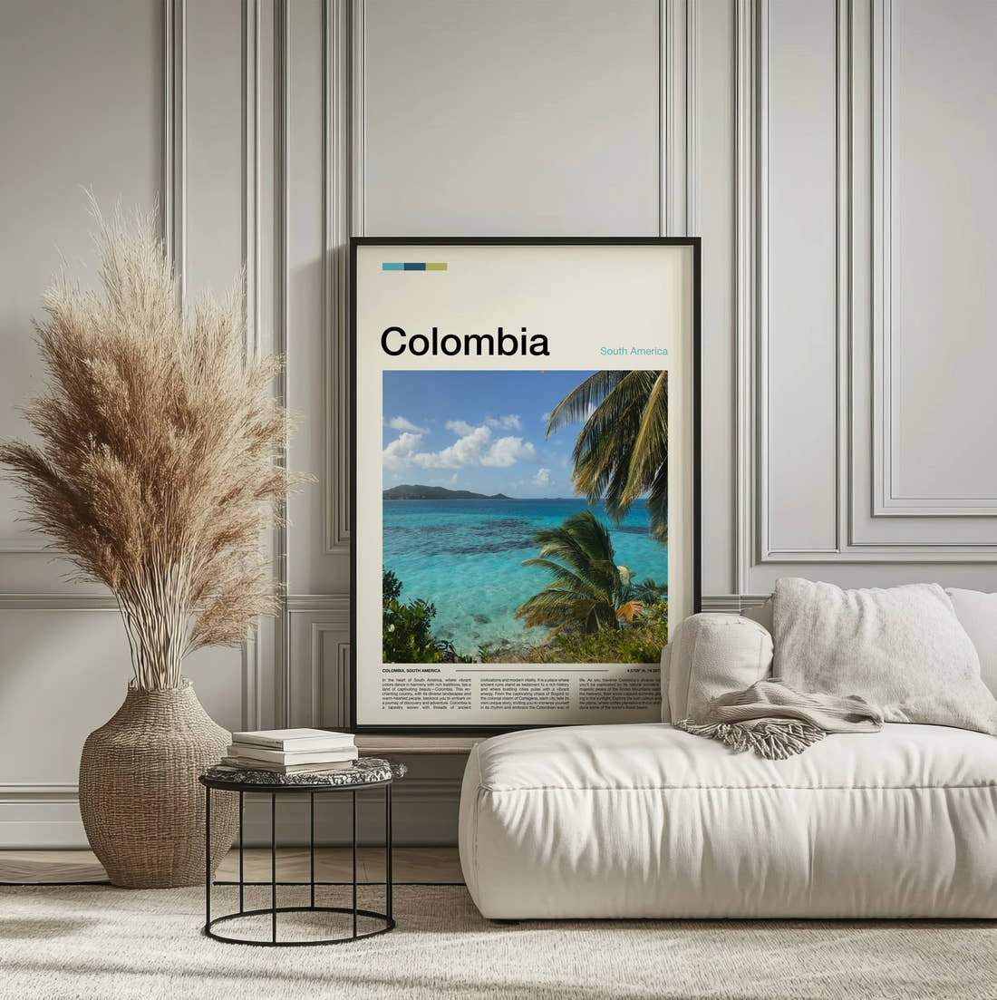 Colombia Palm Fronds Over The Sea Travel Print framed on the wall of a calm, neutral bedroom