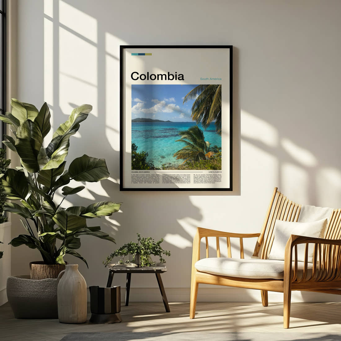 Colombia Palm Fronds Over The Sea Travel Print framed on a pale wall beside houseplants
