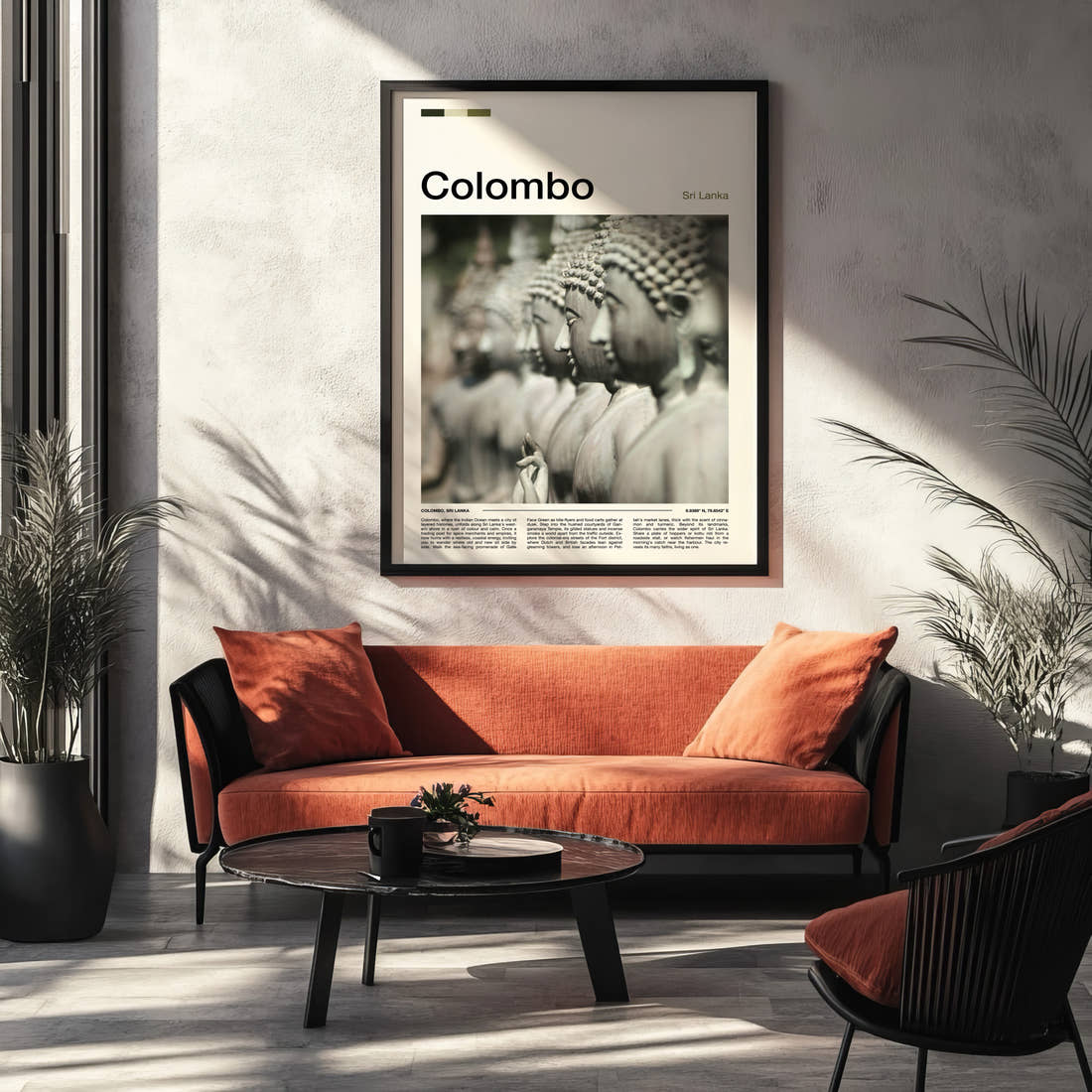 Colombo Rows Of Buddha Statues Travel Print framed on the wall of a modern living room