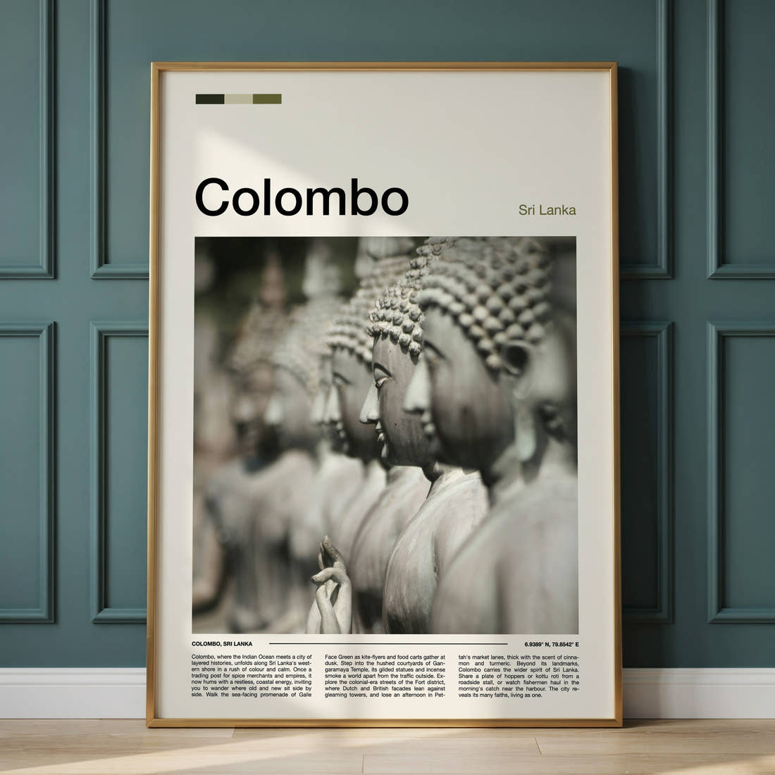 Colombo Rows Of Buddha Statues Travel Print framed on the wall of a calm, neutral bedroom