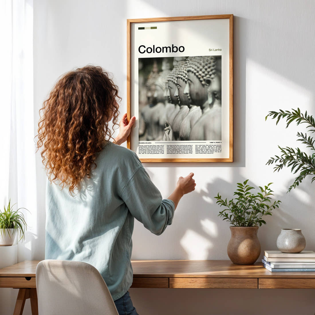 Colombo Rows Of Buddha Statues Travel Print framed on a pale wall beside houseplants