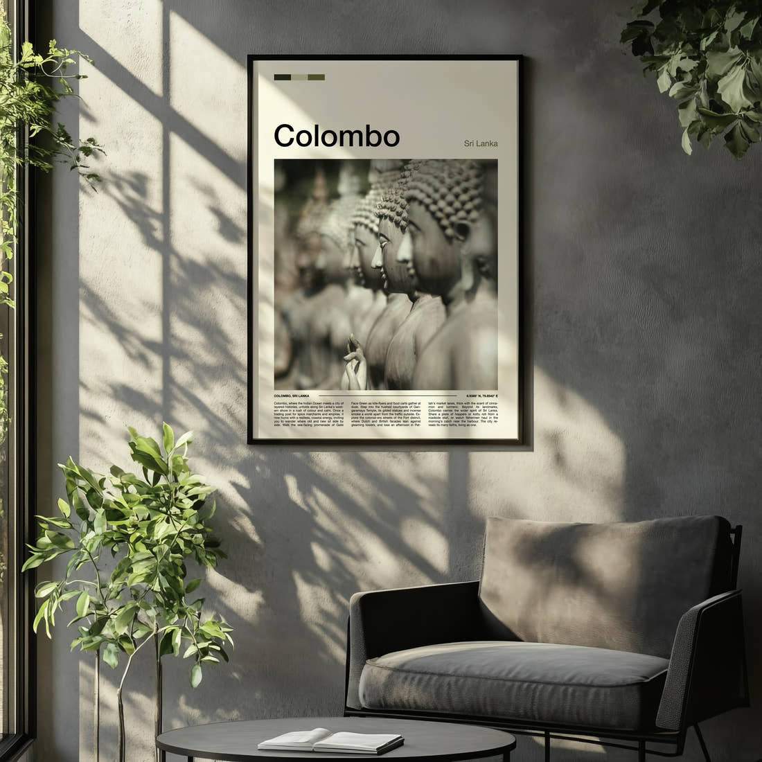 Colombo Rows Of Buddha Statues Travel Print framed on the wall of a relaxed living room