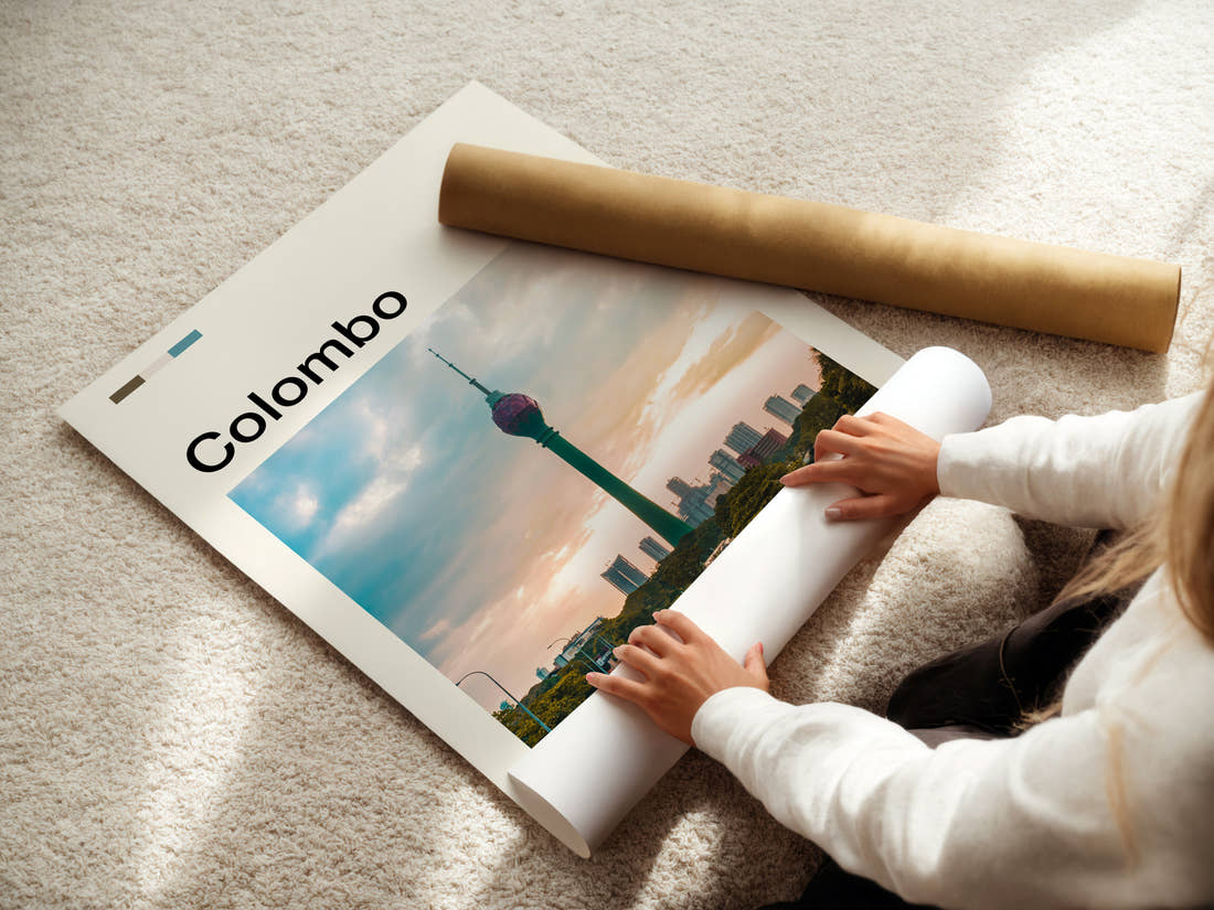 Colombo Lotus Tower Skyline Travel Print being unrolled from its postal tube