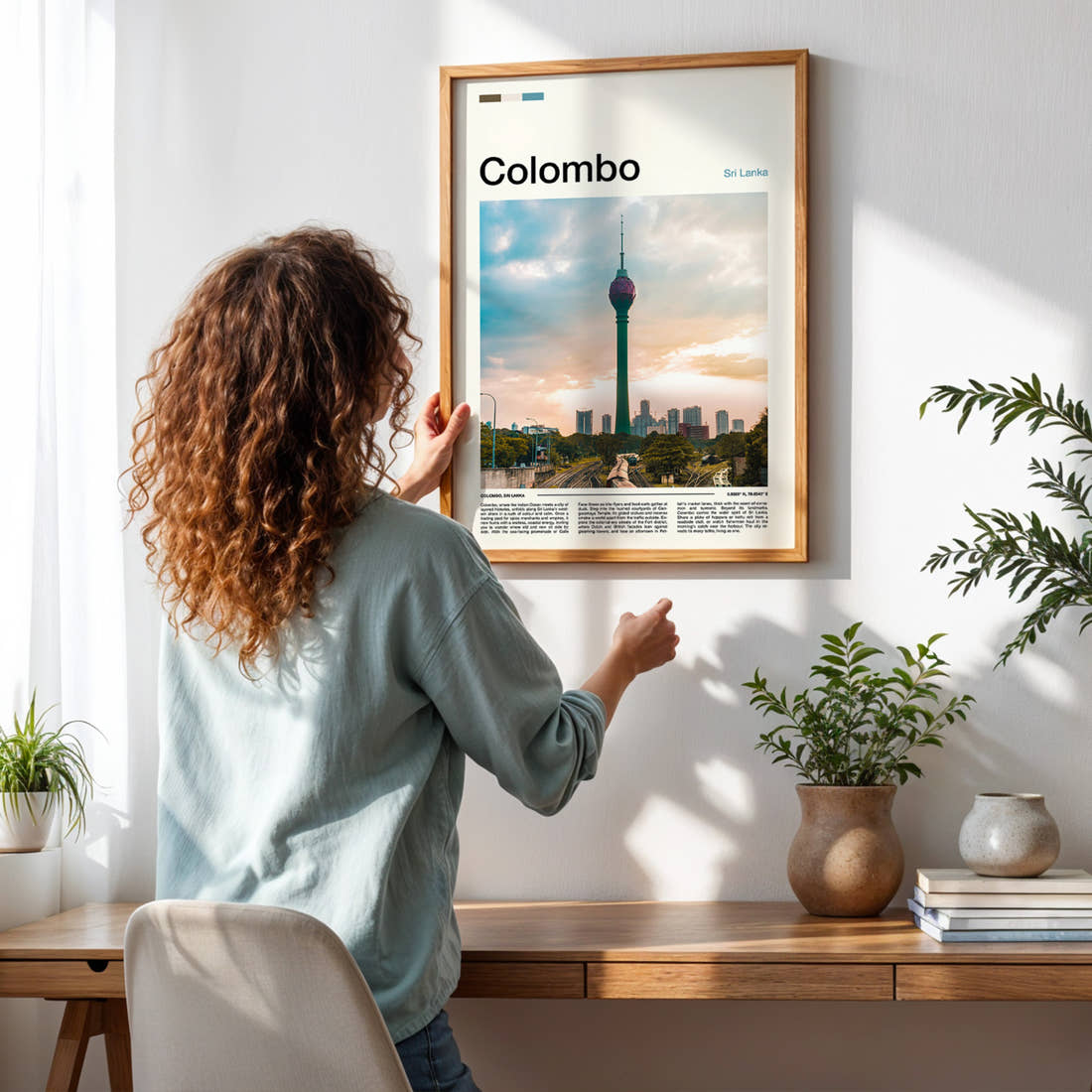 Colombo Lotus Tower Skyline Travel Print framed on a pale wall beside houseplants