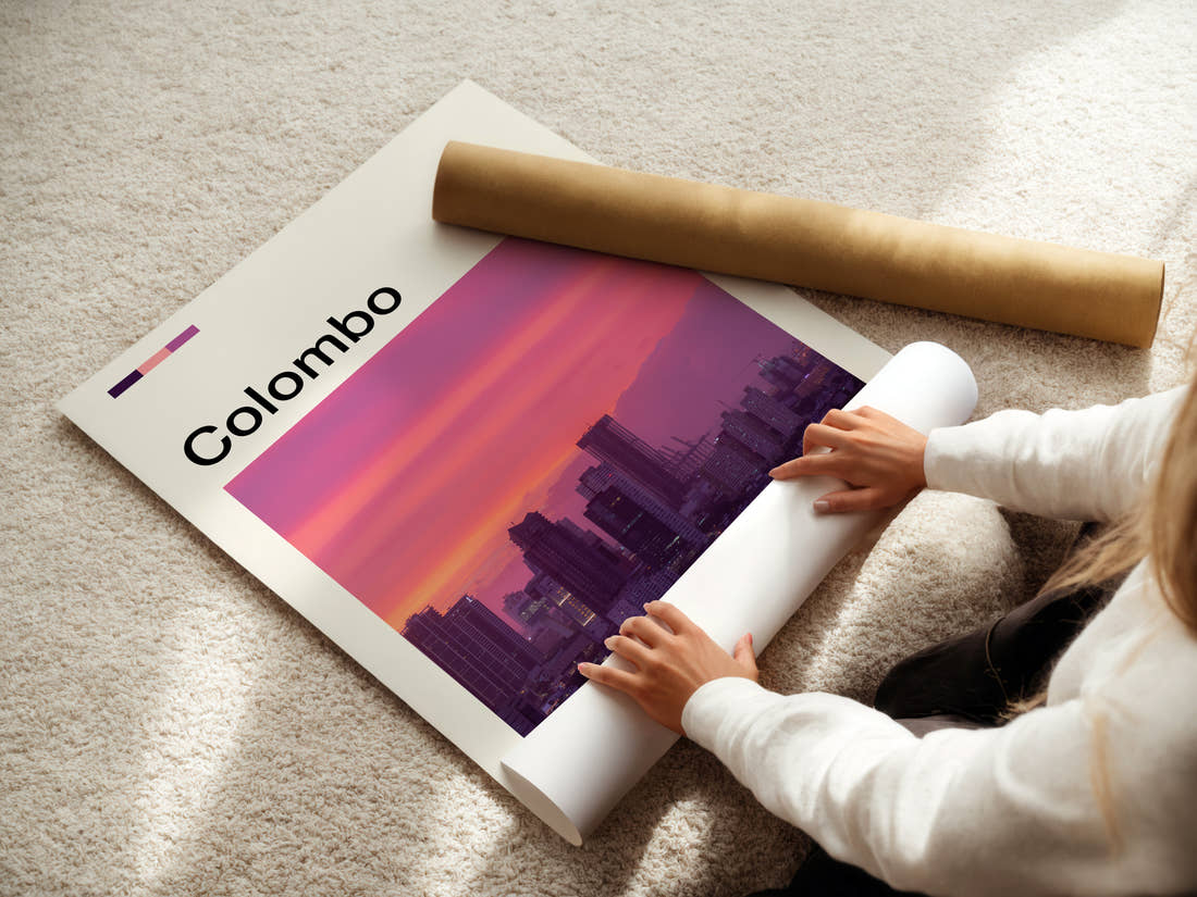 Colombo Dusk Skyline View Travel Print being unrolled from its postal tube