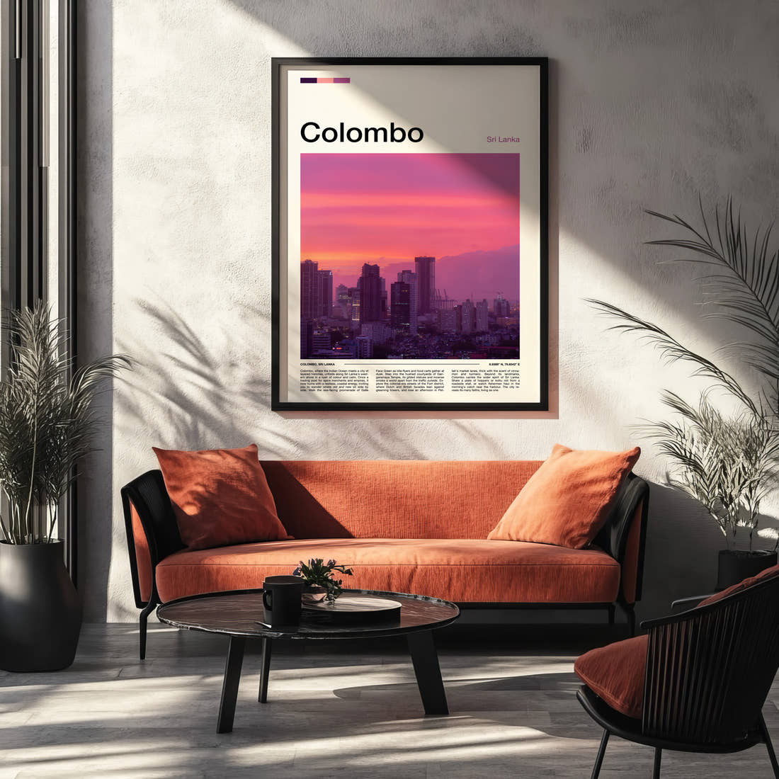 Colombo Dusk Skyline View Travel Print framed on the wall of a modern living room