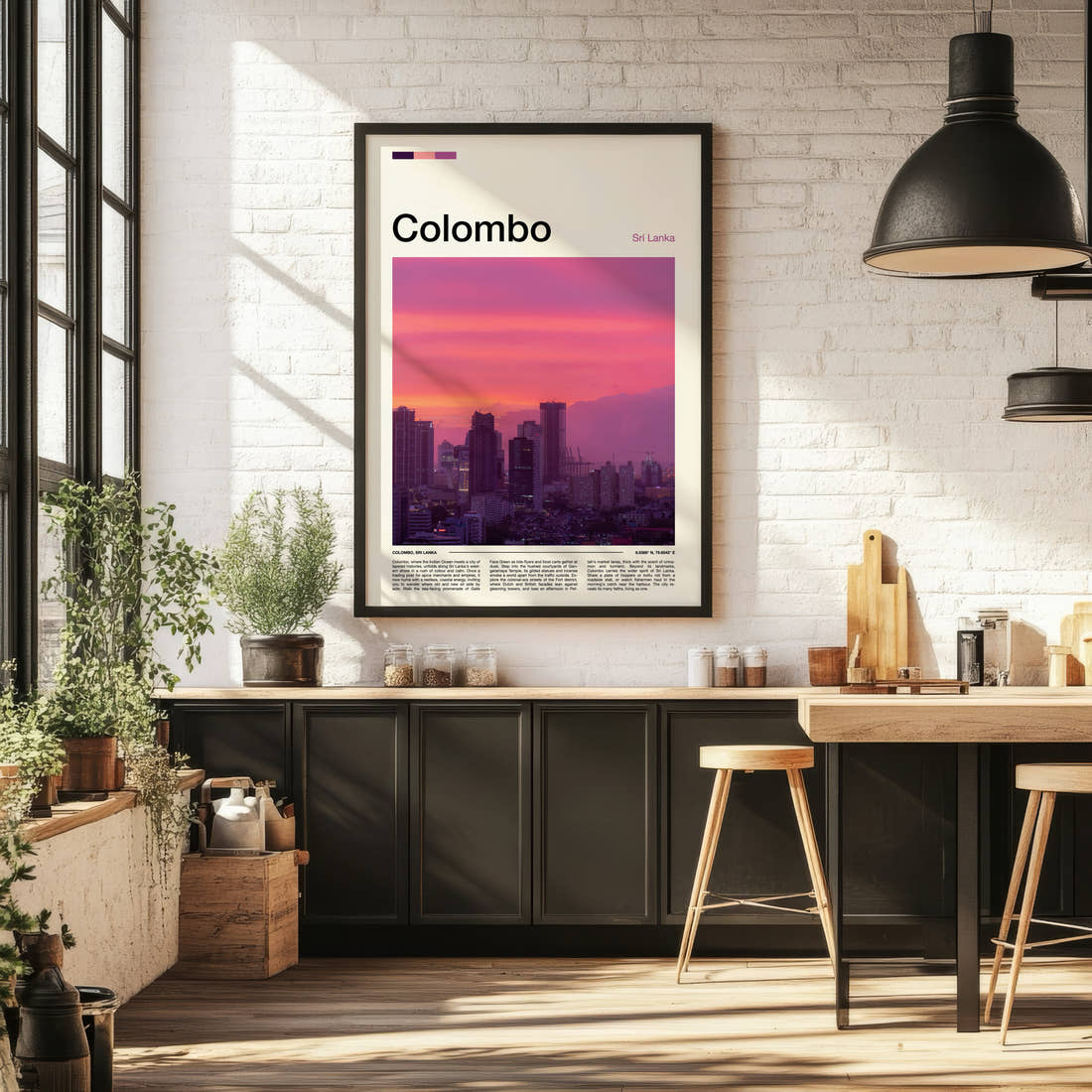 Colombo Dusk Skyline View Travel Print framed on the wall of a bright kitchen and dining space
