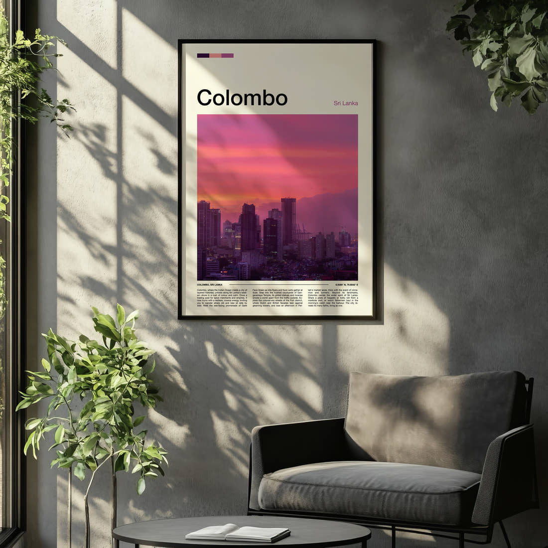 Colombo Dusk Skyline View Travel Print framed on the wall of a relaxed living room