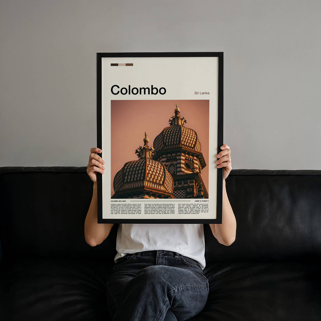 Colombo Ornate Temple Towers Travel Print held up by hand to show the size of the print