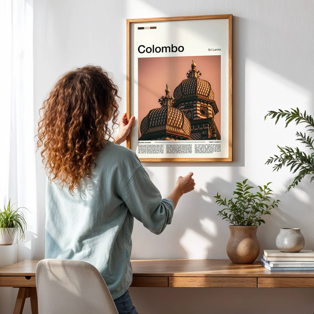 Colombo Ornate Temple Towers Travel Print framed on a pale wall beside houseplants