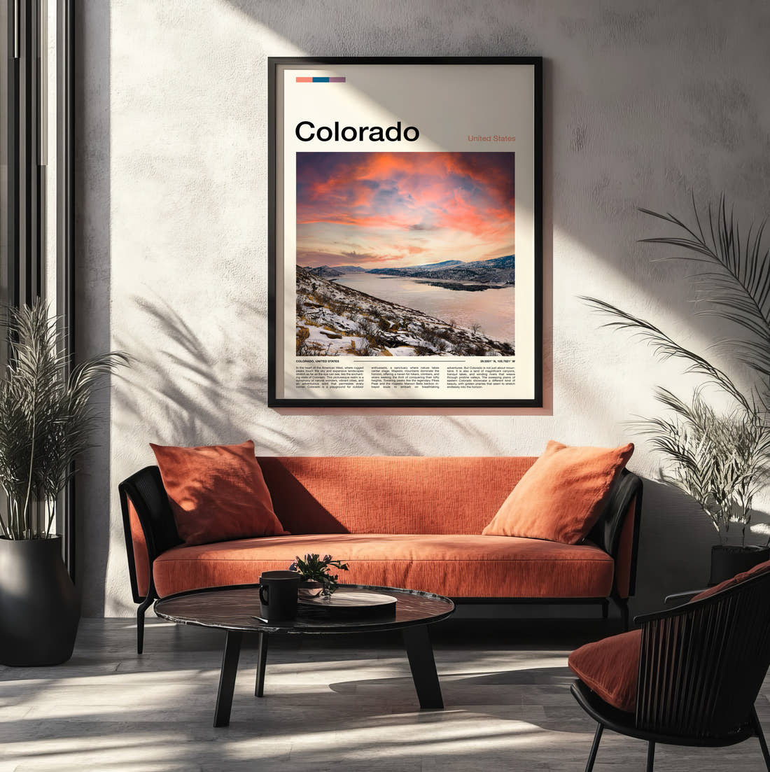 Colorado Snowy Lake At Sunset Travel Print framed on the wall of a modern living room