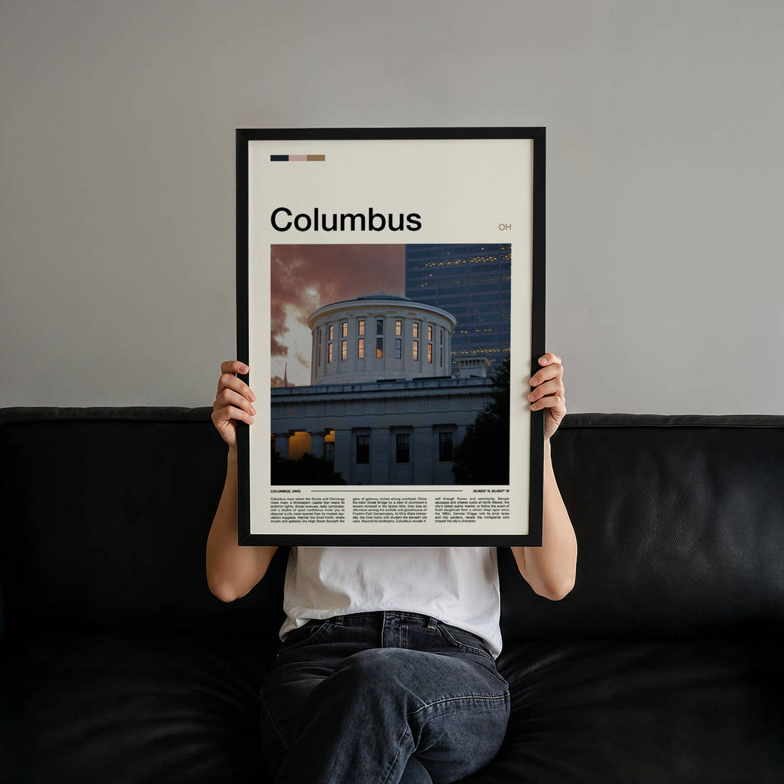 Columbus Statehouse Rotunda Dusk Travel Print held up by hand to show the size of the print