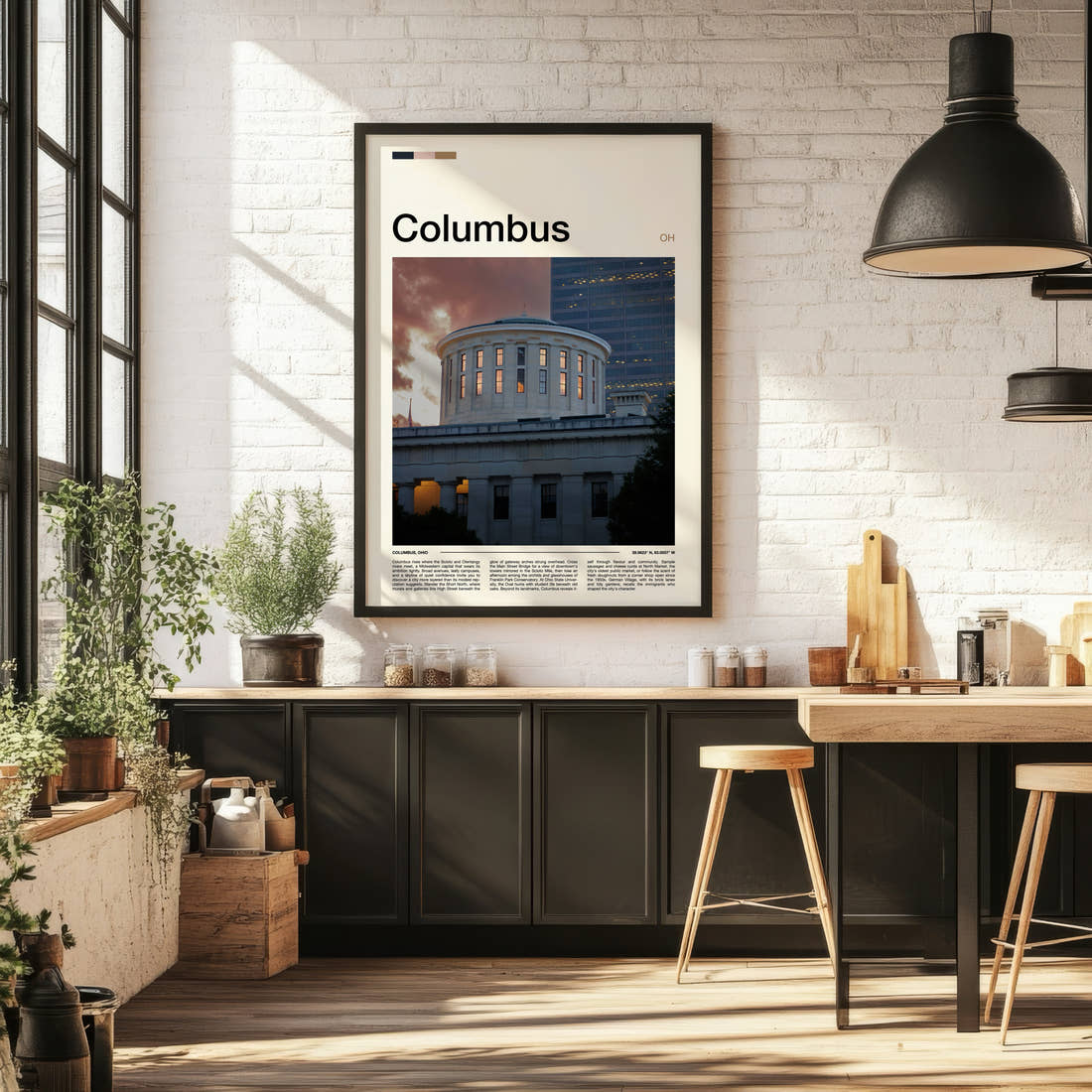 Columbus Statehouse Rotunda Dusk Travel Print framed on the wall of a bright kitchen and dining space