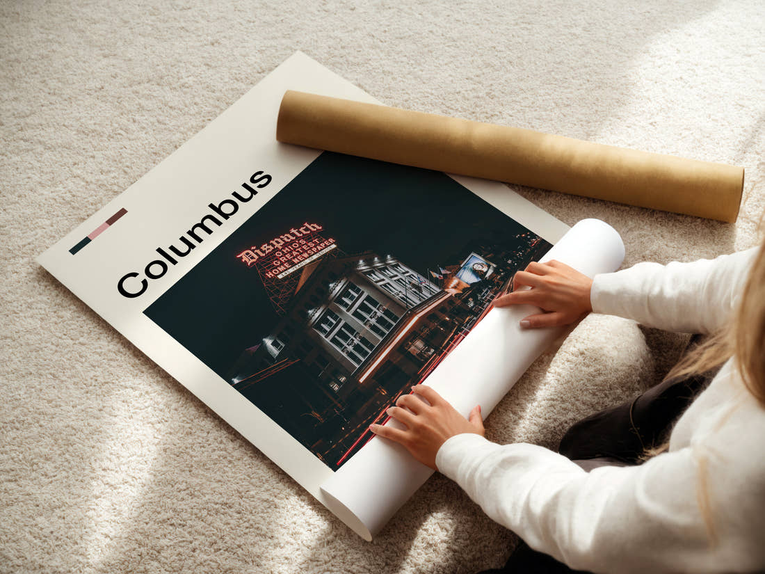 Columbus Illuminated Dispatch Building Travel Print being unrolled from its postal tube