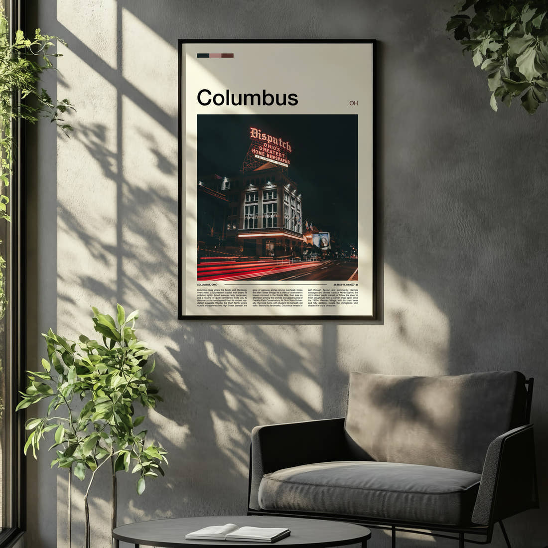 Columbus Illuminated Dispatch Building Travel Print framed on the wall of a relaxed living room
