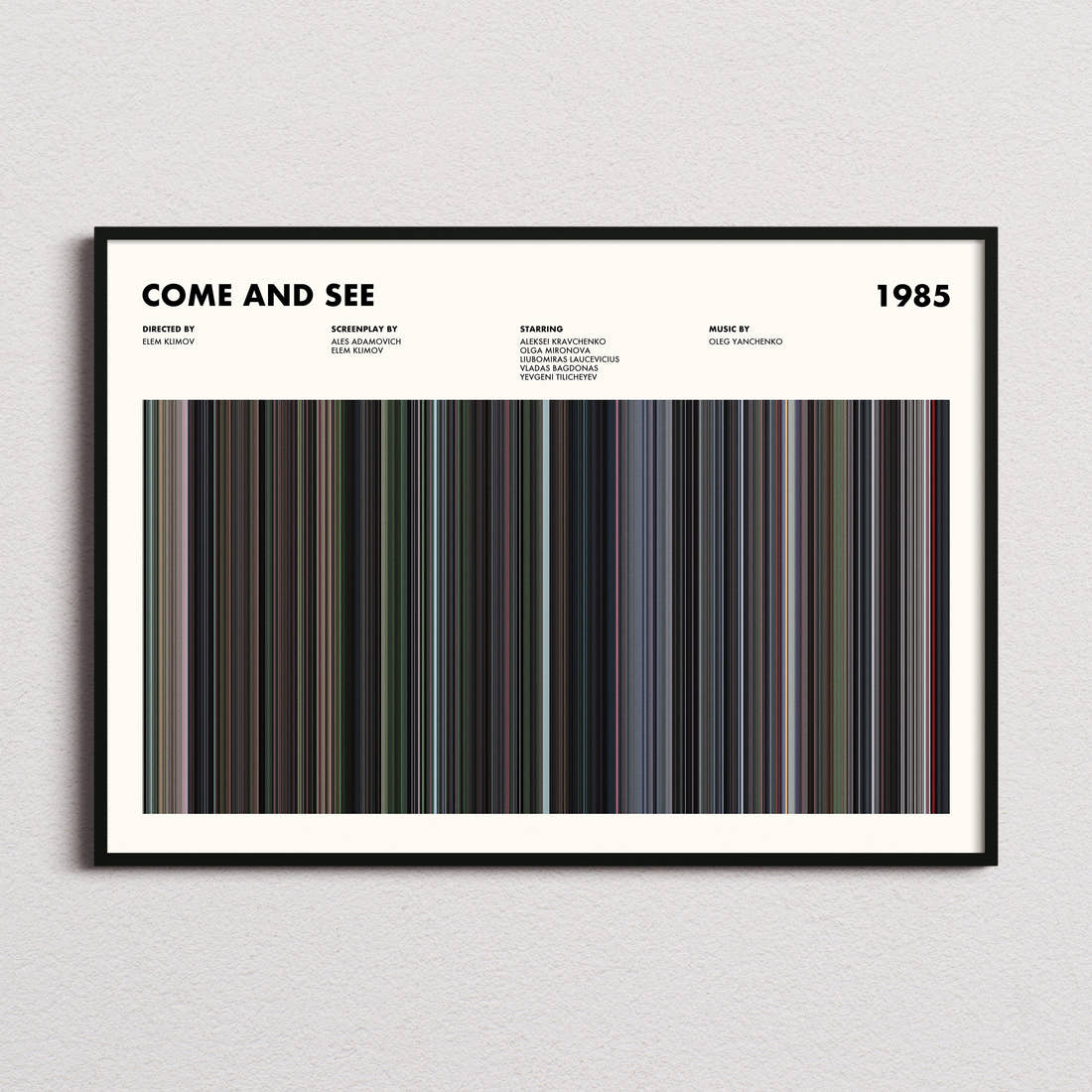 Come and See Movie Barcode Poster framed and photographed straight on