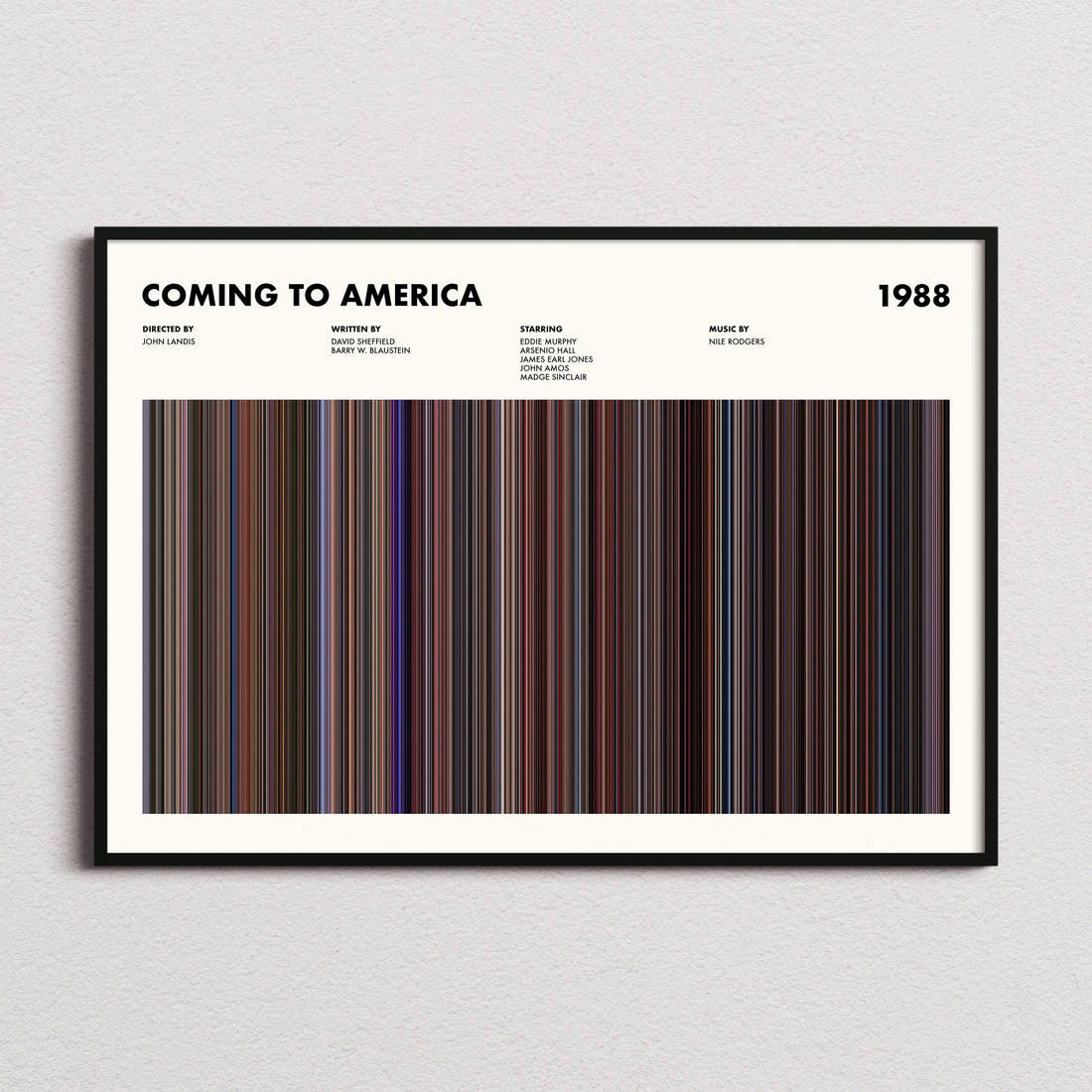 Coming To America Movie Barcode Poster framed and photographed straight on