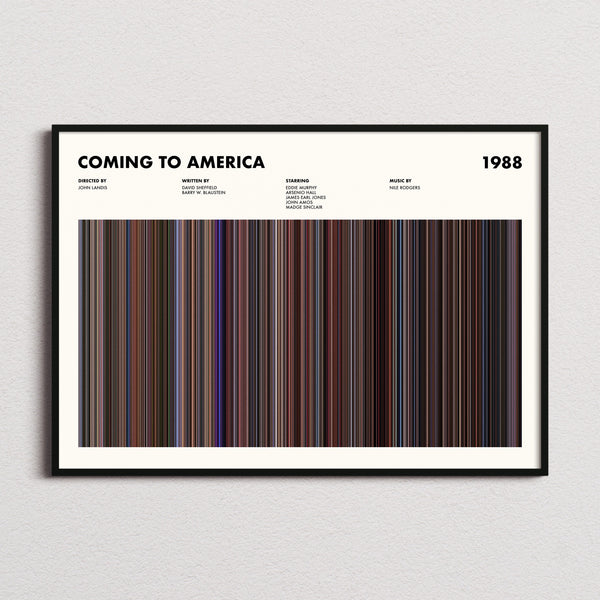Coming To America Movie Barcode Poster framed and photographed straight on