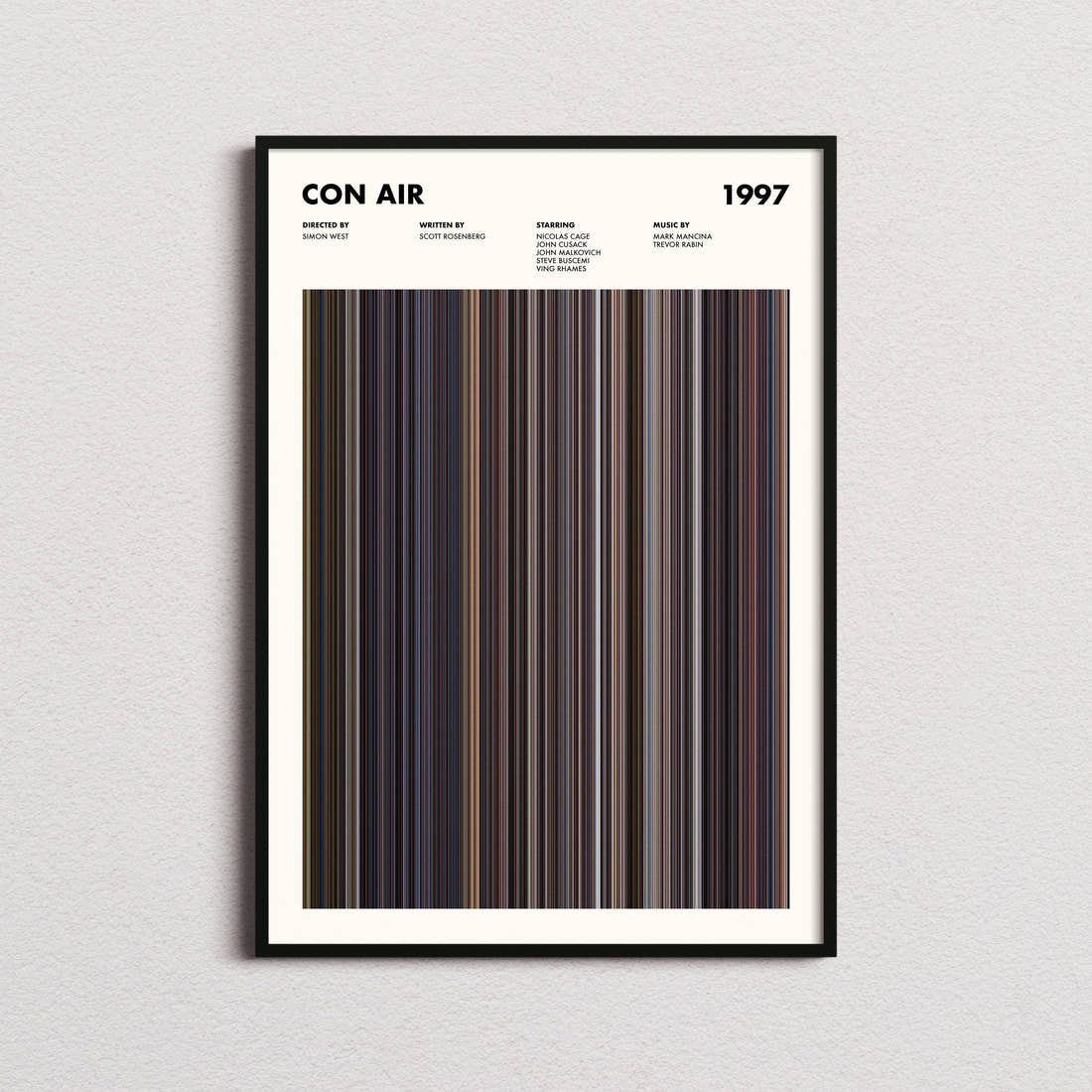 Con Air Movie Barcode Poster framed on a plain studio wall
