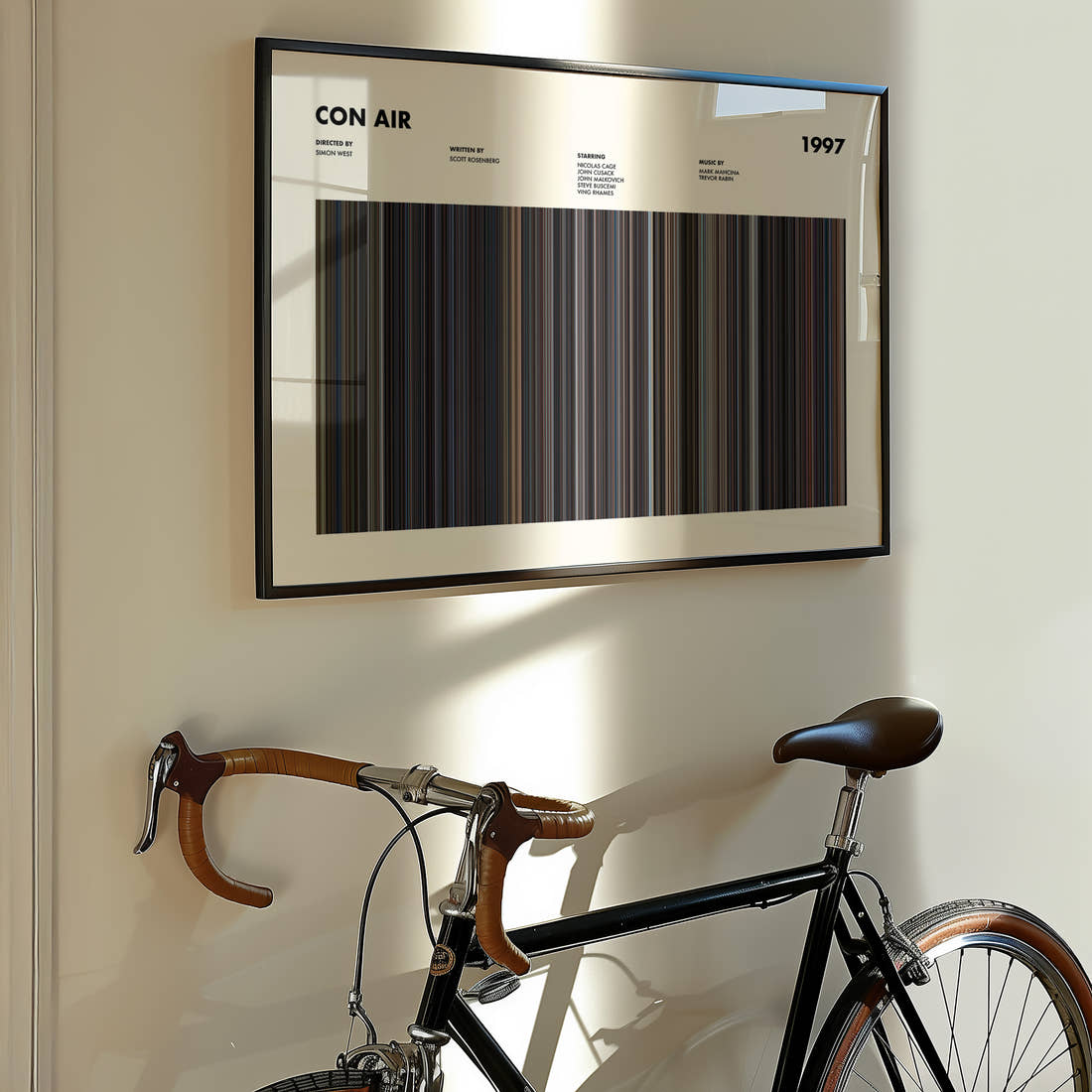 Con Air Movie Barcode Poster framed on the wall of a styled room setting