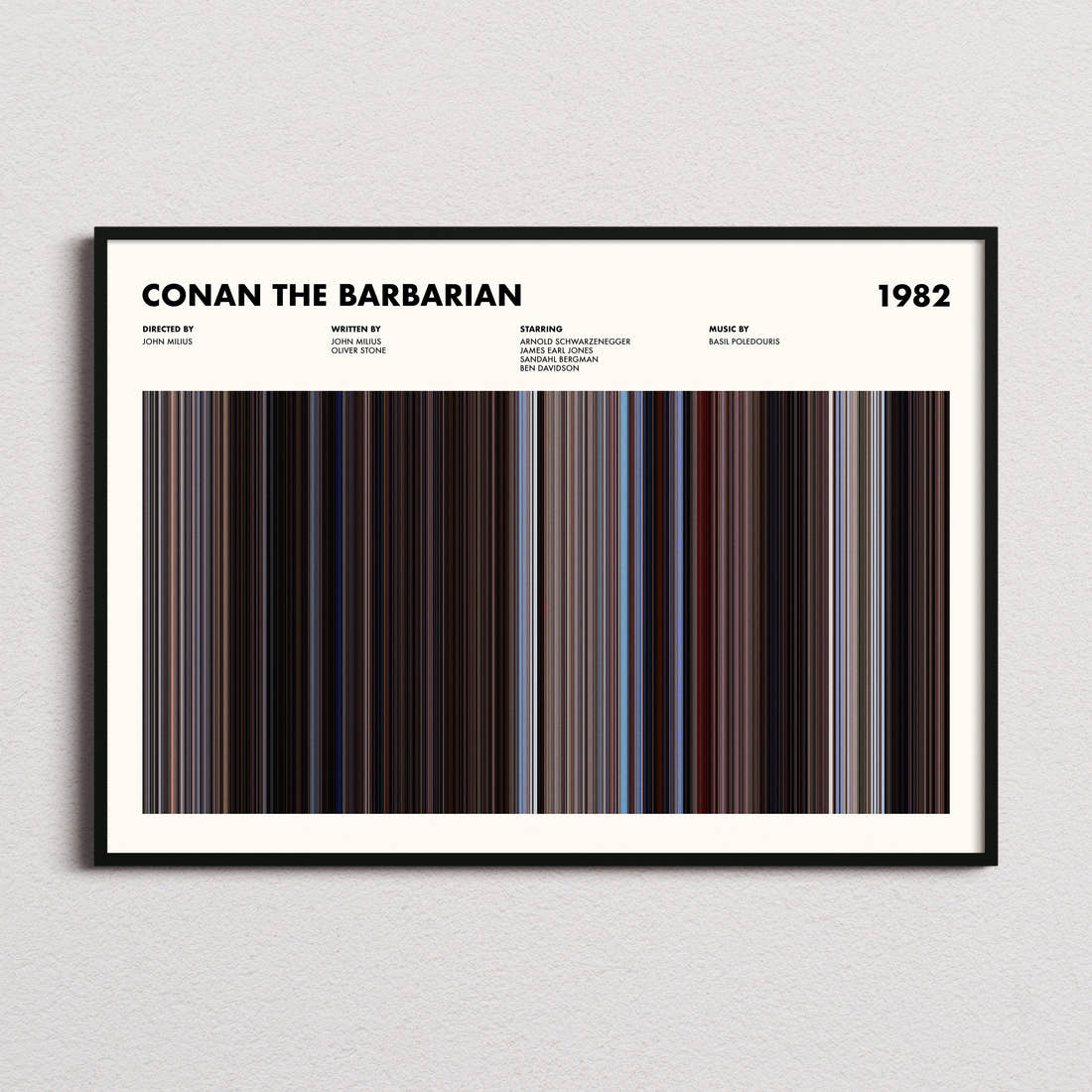 Conan the Barbarian Movie Barcode Poster framed and photographed straight on