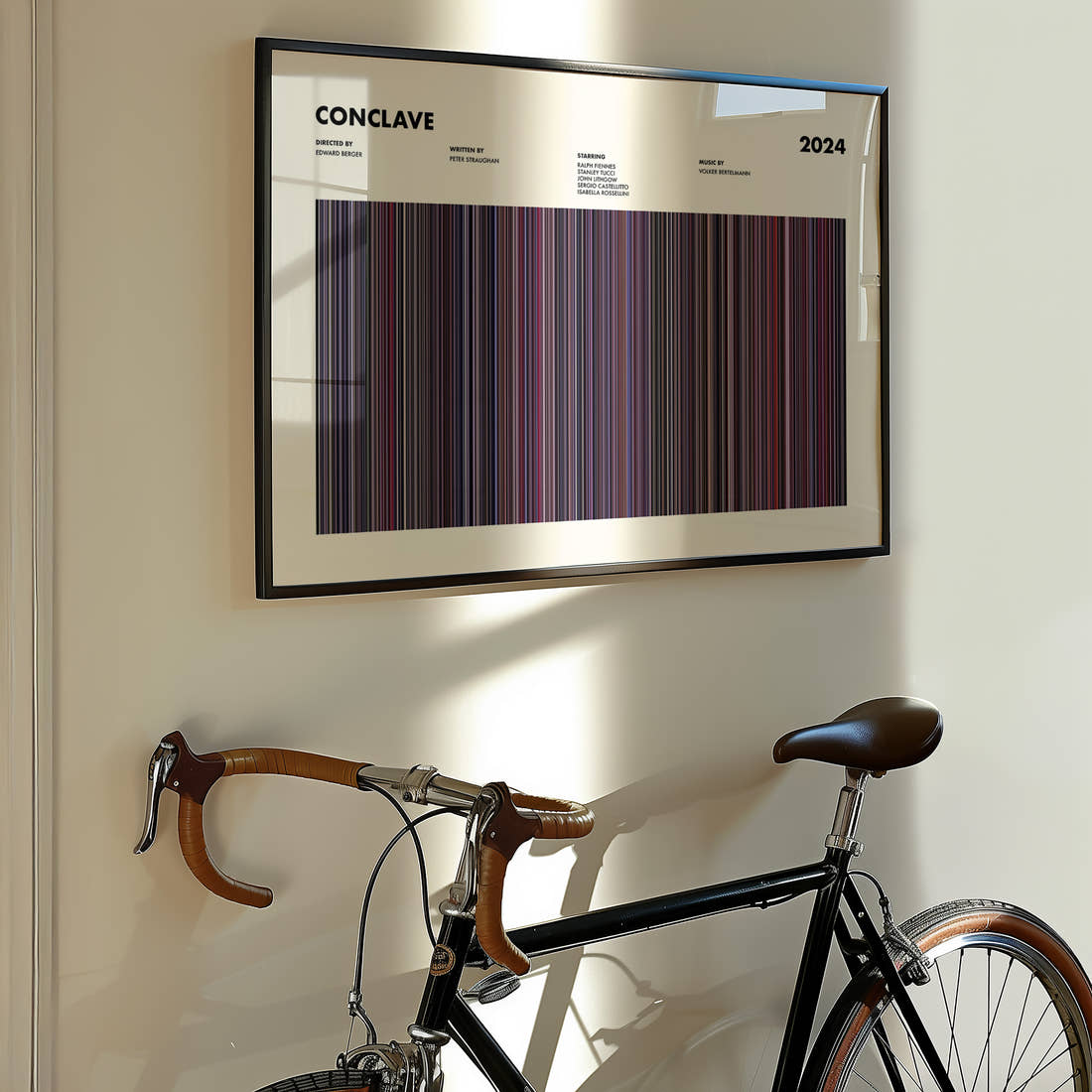 Conclave Movie Barcode Poster framed on the wall of a styled room setting