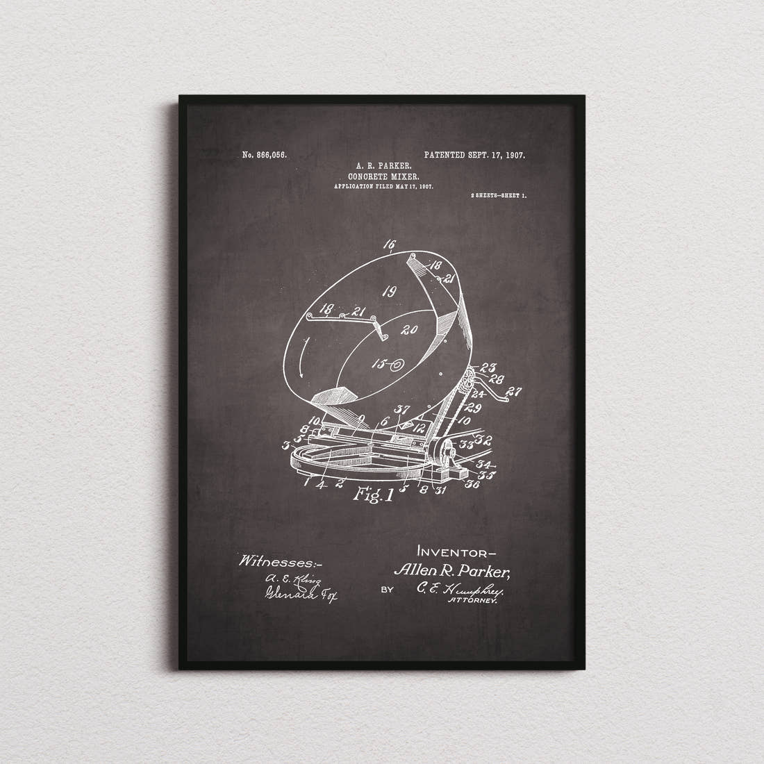 Concrete Mixer Patent Print in the blackboard colourway, framed