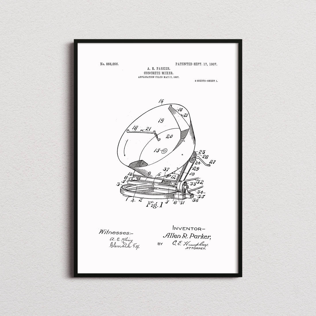 Concrete Mixer Patent Print in the white colourway, framed