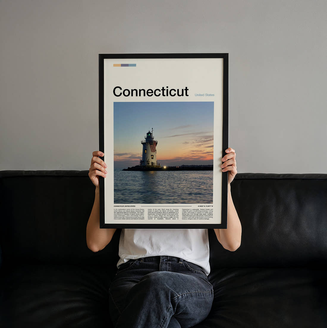 Connecticut Offshore Lighthouse Travel Print held up by hand to show the size of the print
