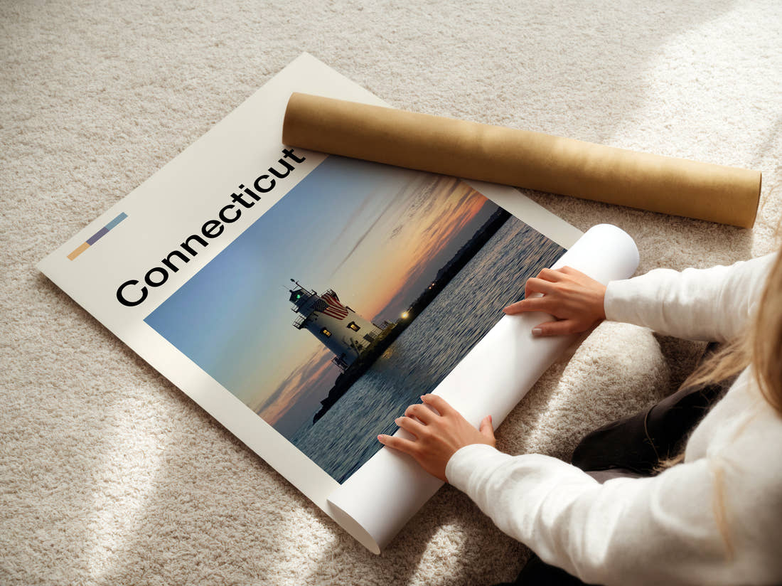Connecticut Offshore Lighthouse Travel Print being unrolled from its postal tube