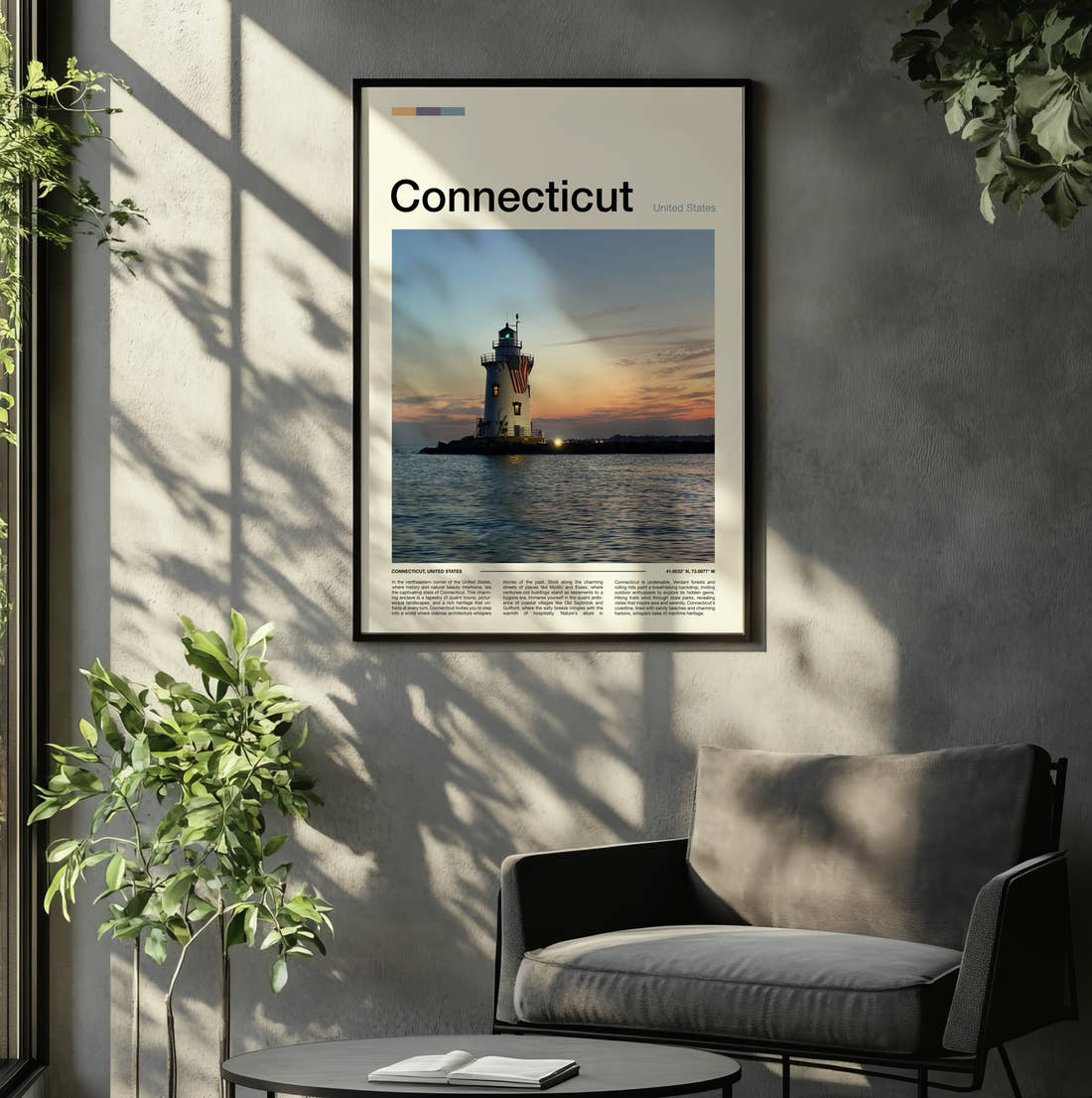 Connecticut Offshore Lighthouse Travel Print framed on the wall of a relaxed living room