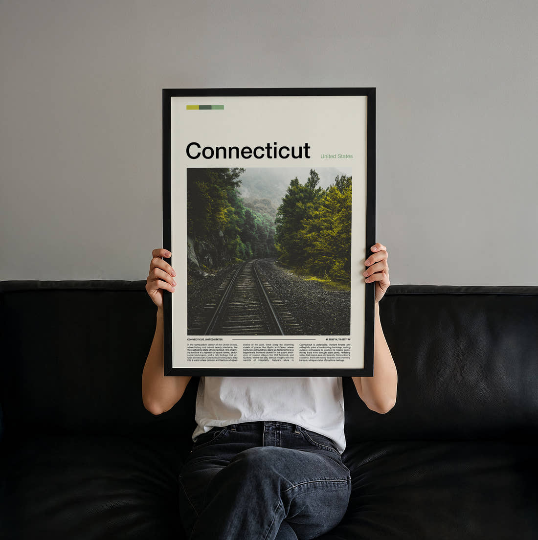 Connecticut Railway Track Travel Print held up by hand to show the size of the print