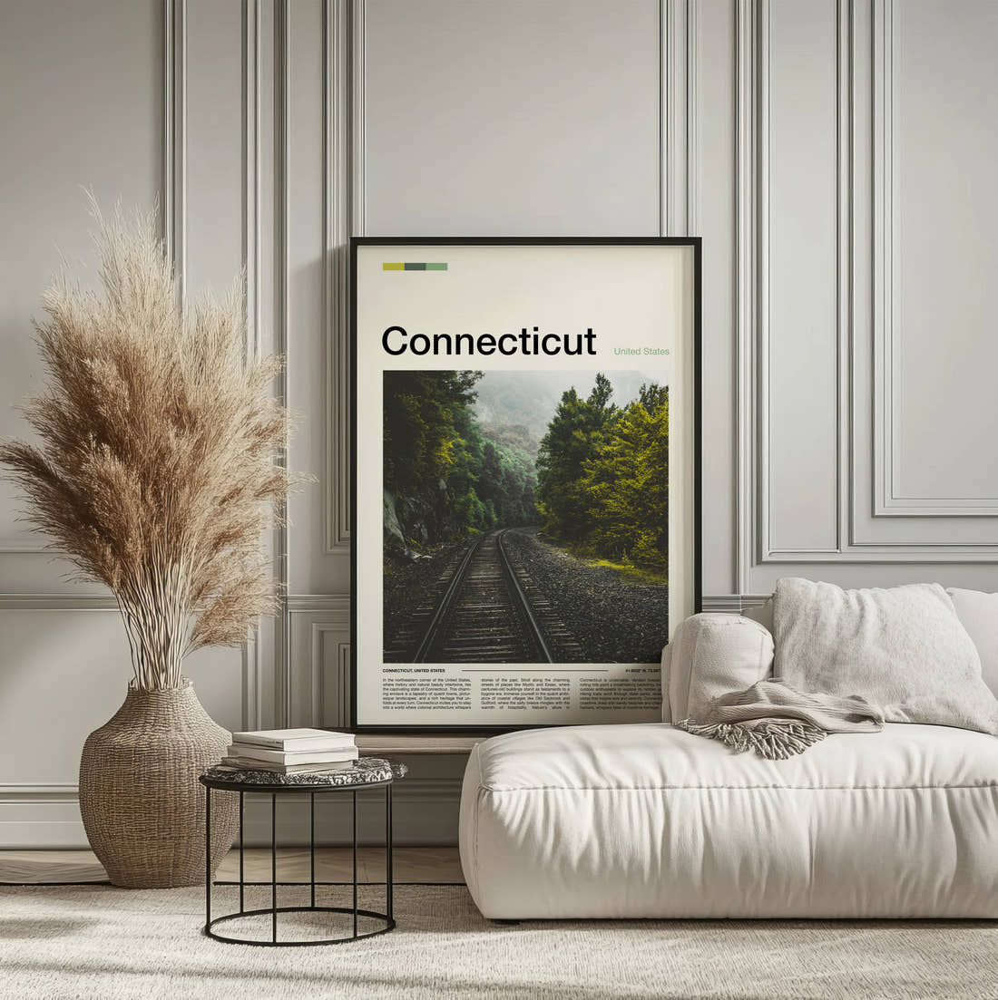 Connecticut Railway Track Travel Print framed on the wall of a calm, neutral bedroom