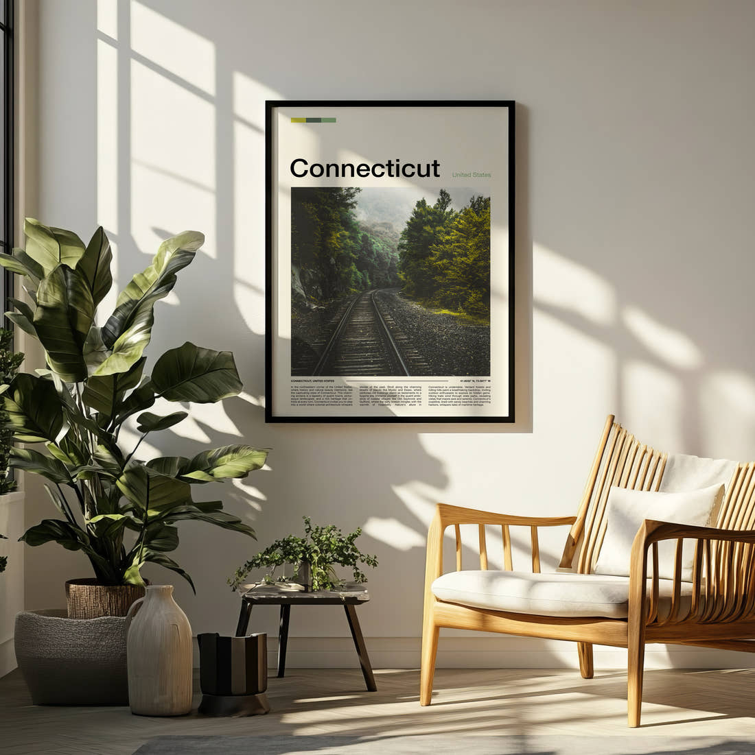 Connecticut Railway Track Travel Print framed on a pale wall beside houseplants