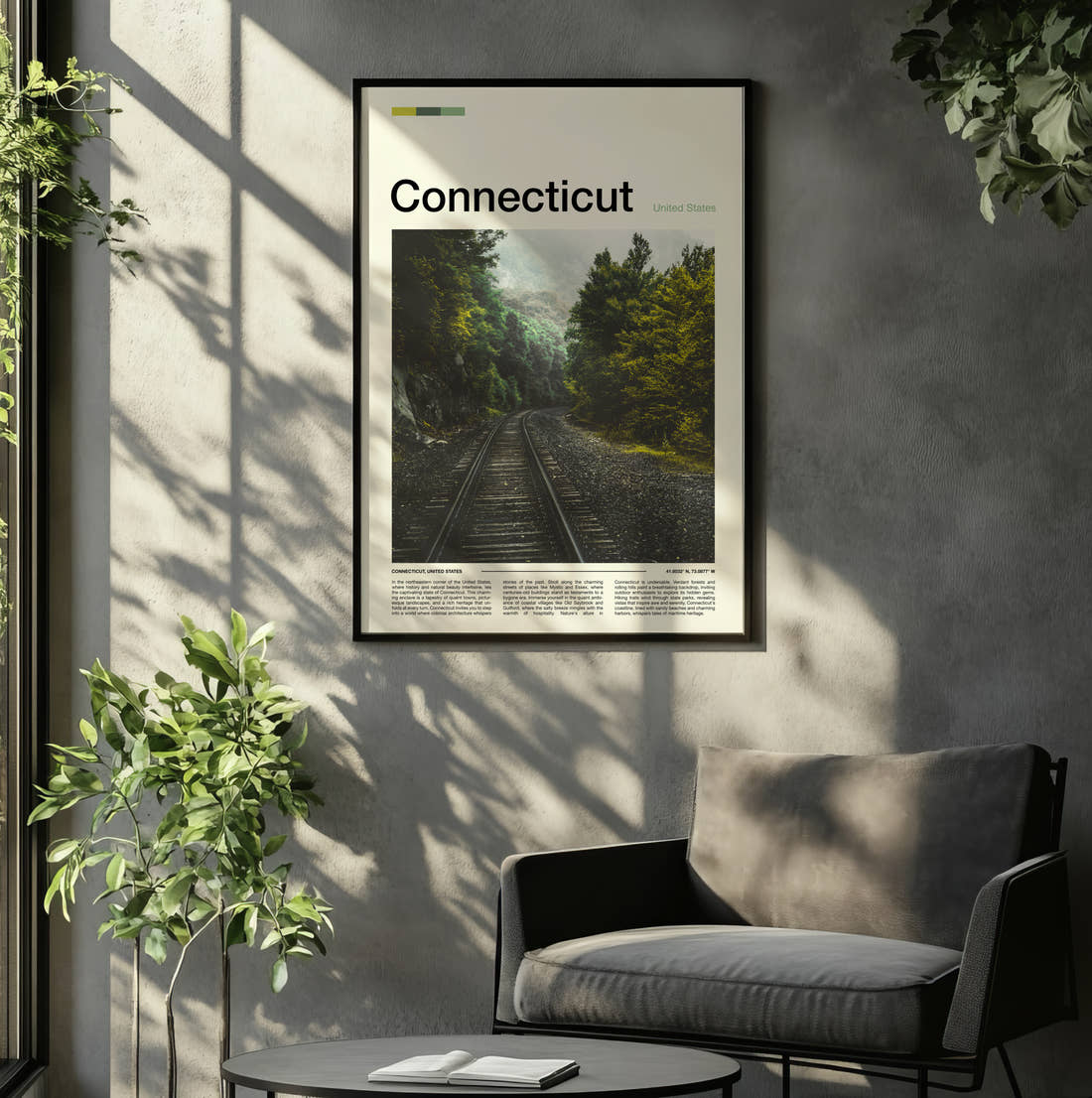 Connecticut Railway Track Travel Print framed on the wall of a relaxed living room