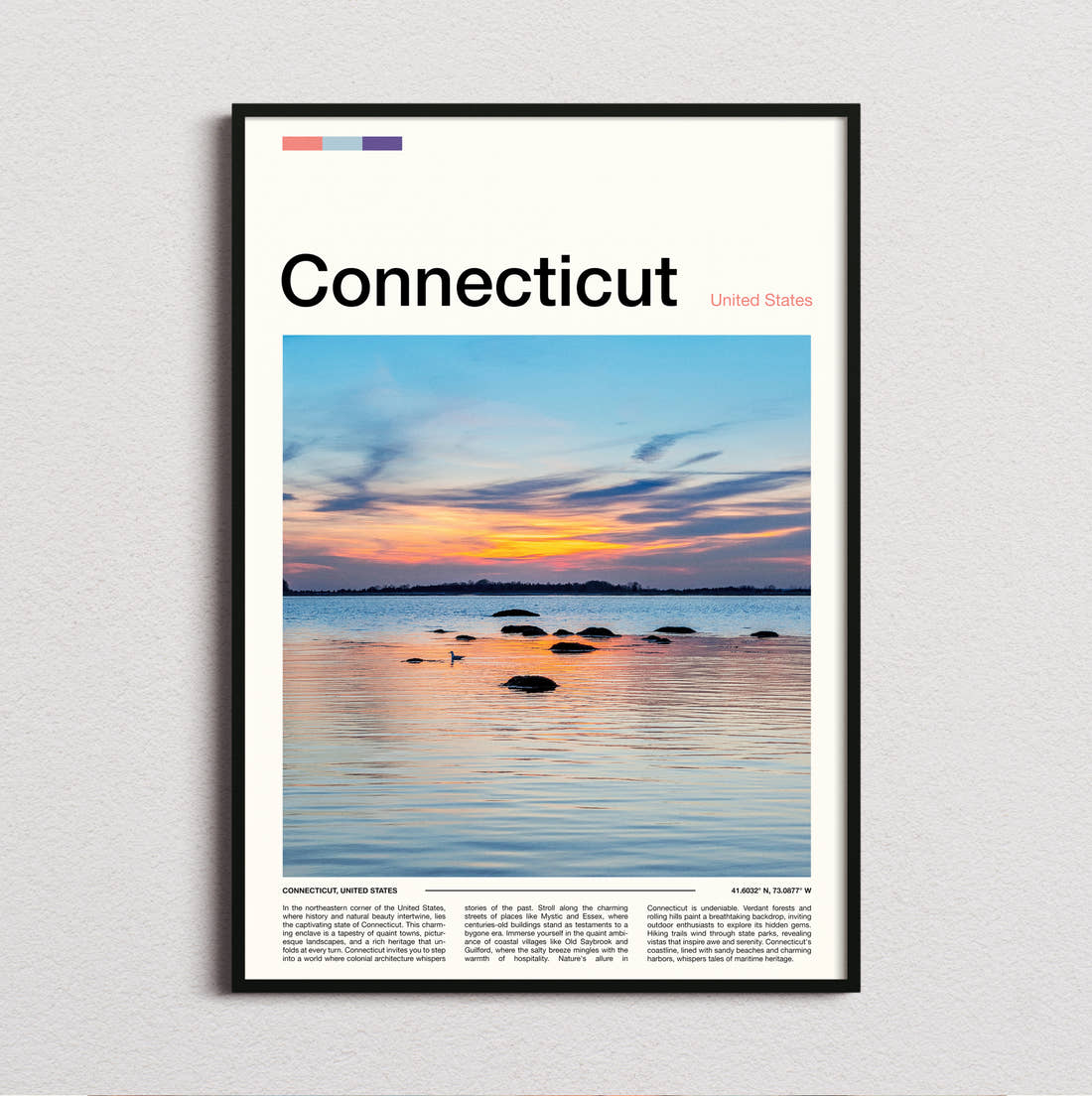 Connecticut Sunset Over The Water Travel Print framed and photographed straight on