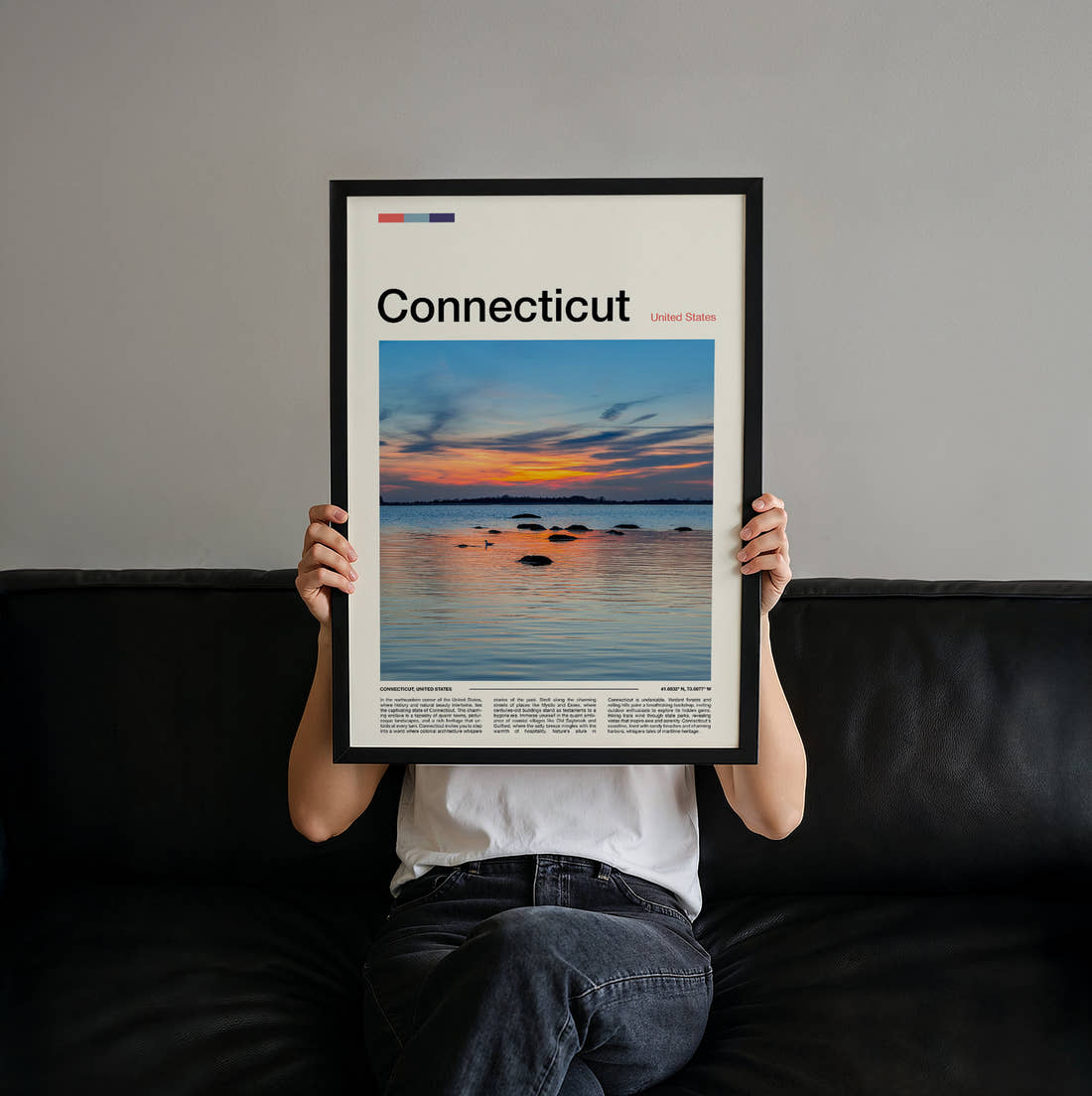 Connecticut Sunset Over The Water Travel Print held up by hand to show the size of the print