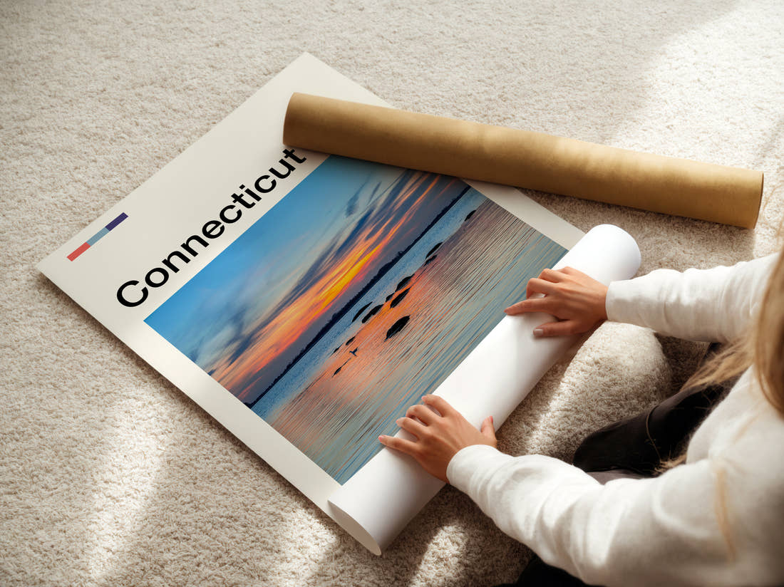 Connecticut Sunset Over The Water Travel Print being unrolled from its postal tube
