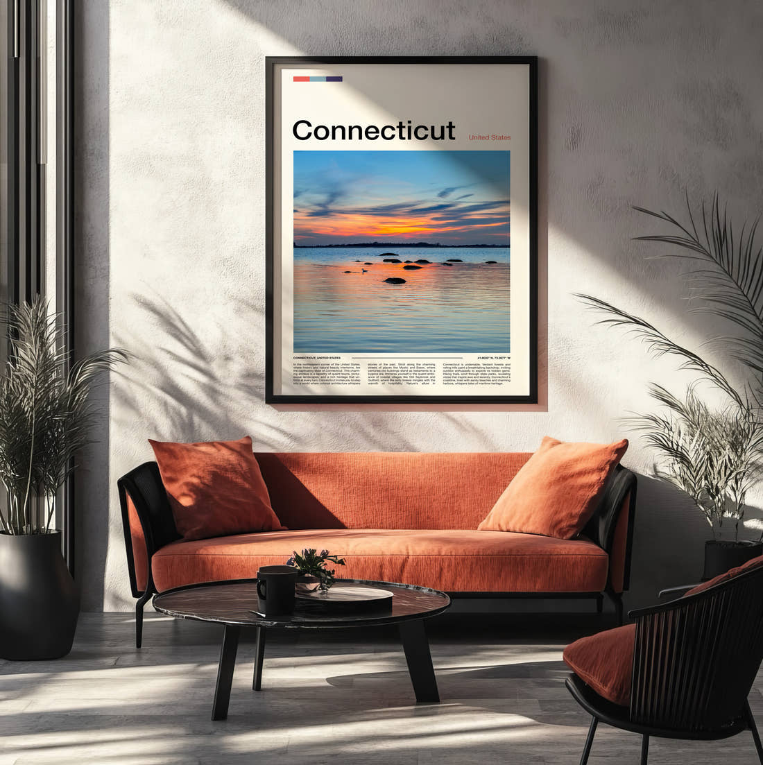 Connecticut Sunset Over The Water Travel Print framed on the wall of a modern living room