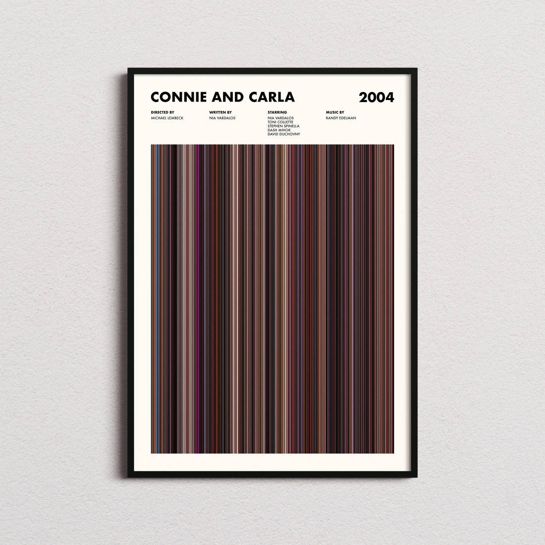 Connie and Carla Movie Barcode Poster framed on a plain studio wall