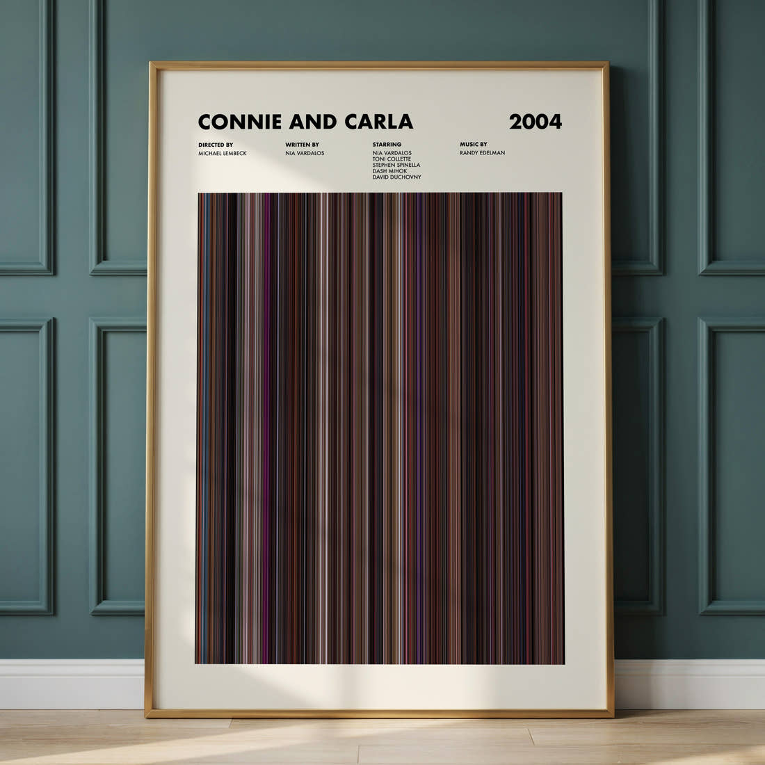 Connie and Carla Movie Barcode Poster framed and leaning against a panelled wall