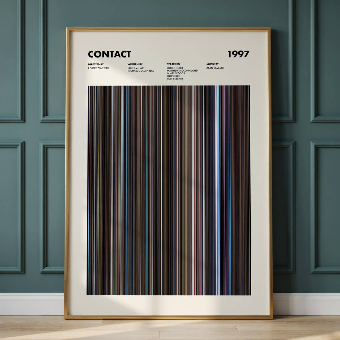 Contact Movie Barcode Poster framed and leaning against a panelled wall
