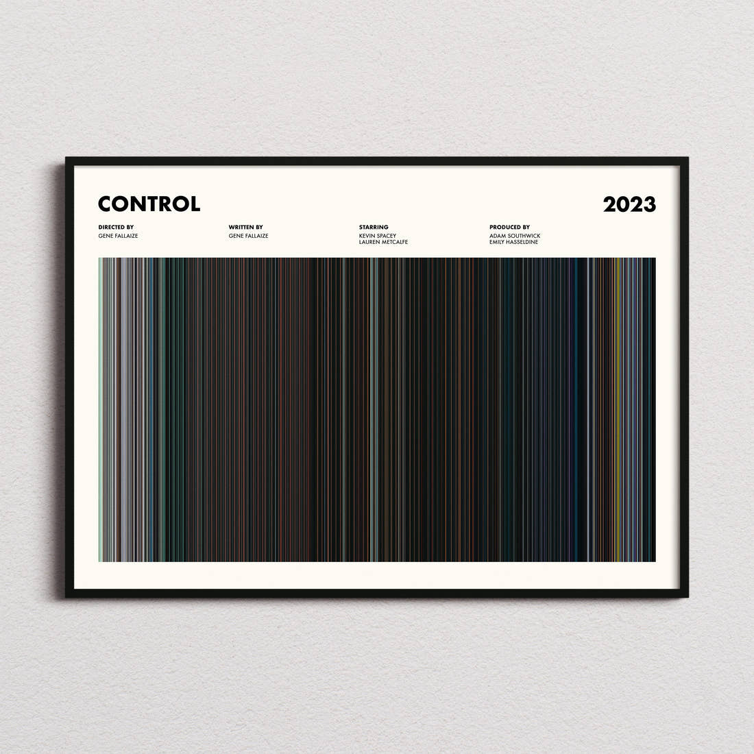 Control Movie Barcode Poster framed and photographed straight on