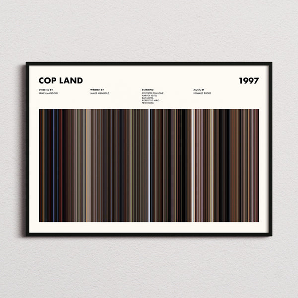 Cop Land Movie Barcode Poster framed and photographed straight on