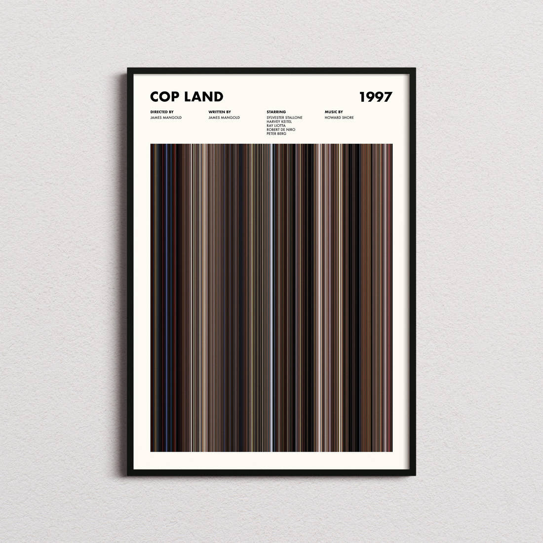 Cop Land Movie Barcode Poster framed on a plain studio wall