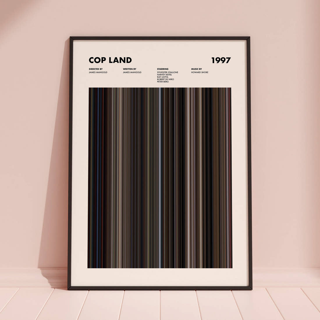 Cop Land Movie Barcode Poster framed and leaning against a coloured wall