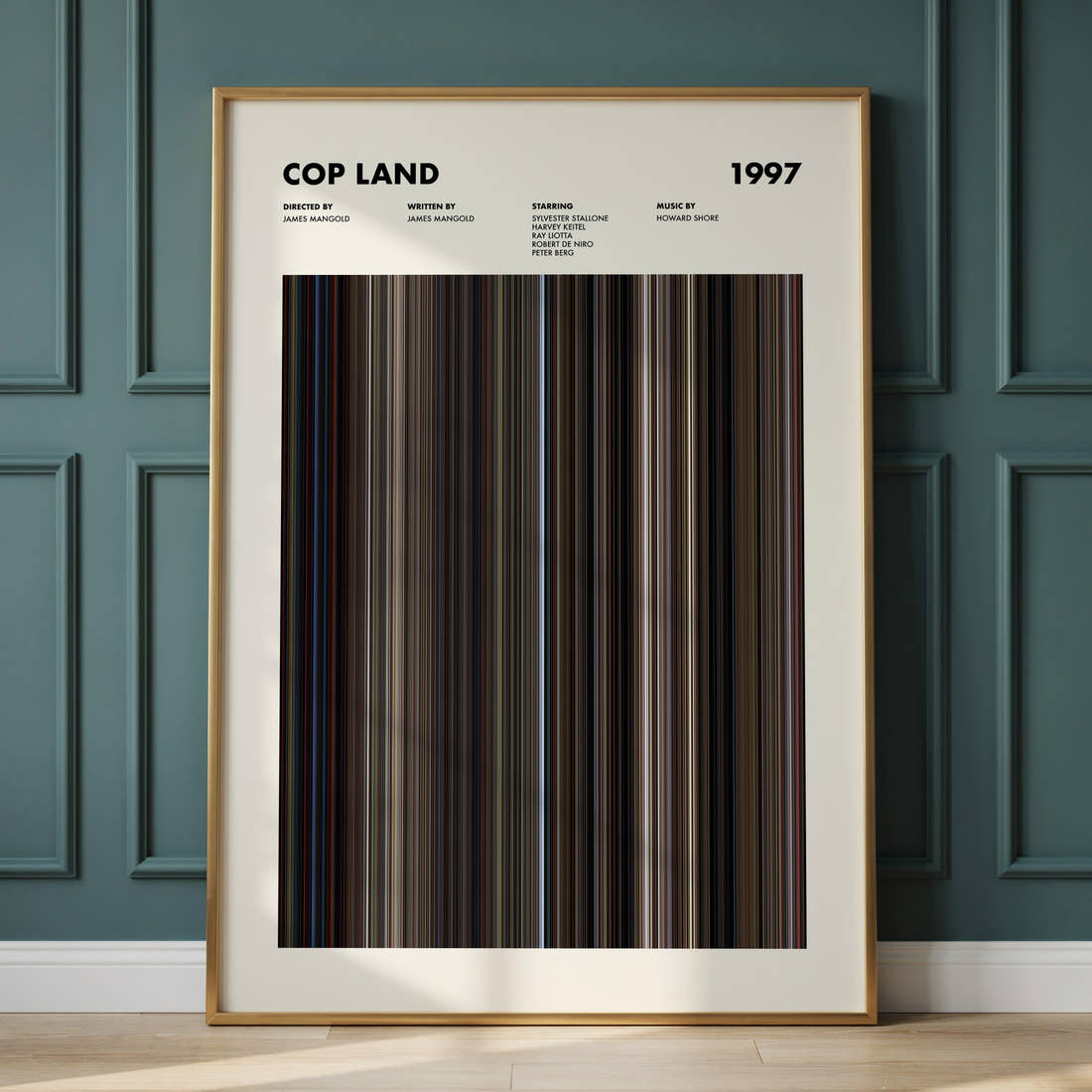 Cop Land Movie Barcode Poster framed and leaning against a panelled wall