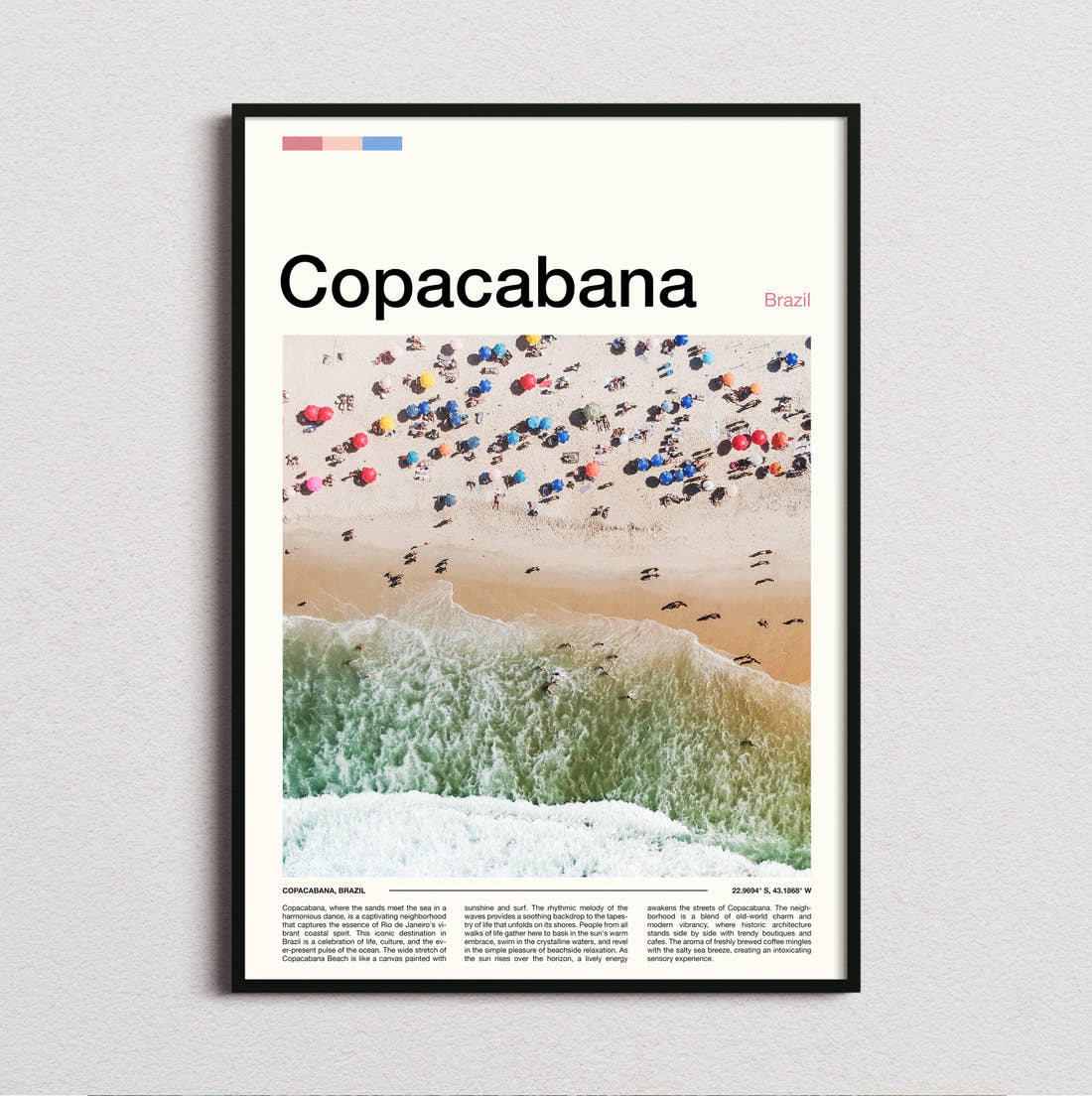 Copacabana Beach Umbrellas From Above Travel Print framed and photographed straight on