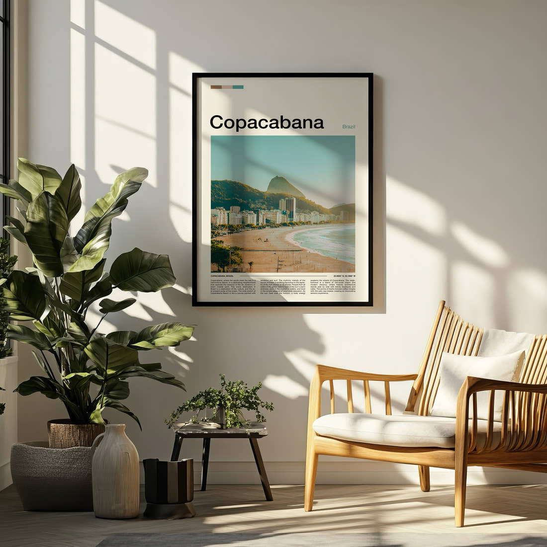 Copacabana Sugarloaf Mountain Travel Print framed on a pale wall beside houseplants