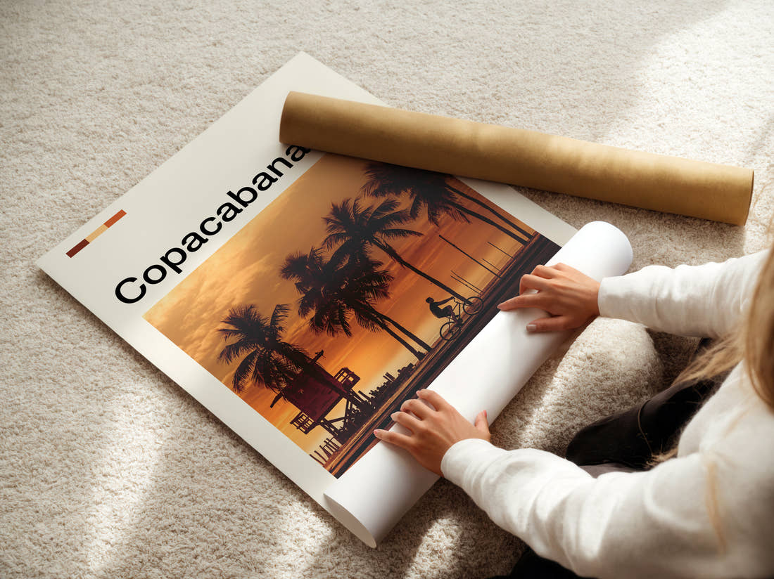 Copacabana Palm Trees At Sunset Travel Print being unrolled from its postal tube